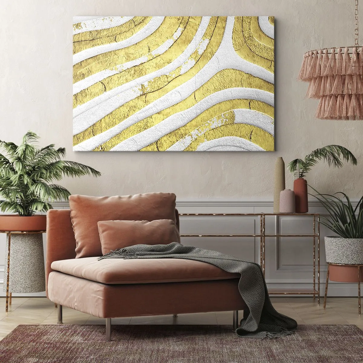 Quadro em tela - Linhas abstratas douradas e brancas em uma textura 3D - 70x50cm - Composição a branco e ouro - Decoração de parede moderna para a sala de estar e quarto ARTTOR