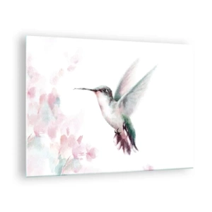 Quadro em vidro - Beija-flor colorido em aquarela delicada - 70x50cm - Preso em agitação - Decoração de parede moderna para a sala de estar e quarto ARTTOR