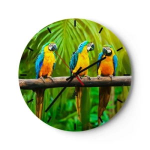Relógio de parede - Relógio em vidro - Três papagaios araras em um galho em um ambiente tropical - 30x30cm - E ouviste dizer que ela...? - Decoração de parede moderna para a sala de estar, cozinha e quarto ARTTOR
