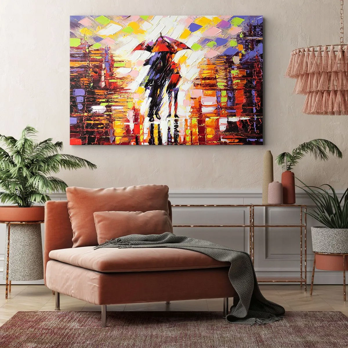 Quadro em tela - Uma cena abstrata de uma caminhada sob um guarda-chuva em uma noite chuvosa. - 70x50cm - Juntos durante a noite e a chuva - Decoração de parede moderna para a sala de estar e quarto ARTTOR