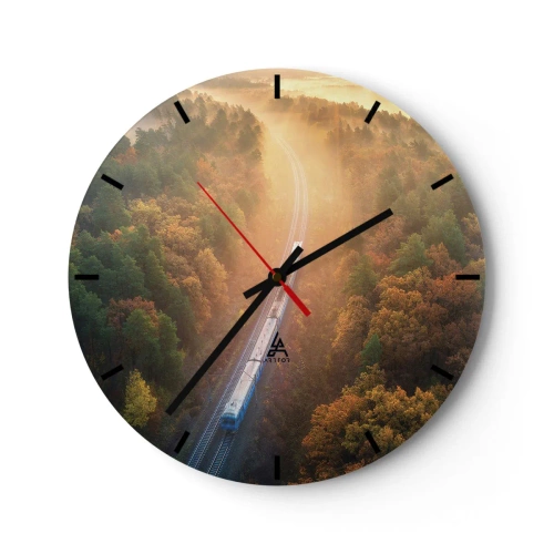 Relógio de parede - Relógio em vidro - Um trem viajando por uma floresta de outono na neblina da manhã - 30x30cm - Uma viagem de outono - Decoração de parede moderna para a sala de estar, cozinha e quarto ARTTOR