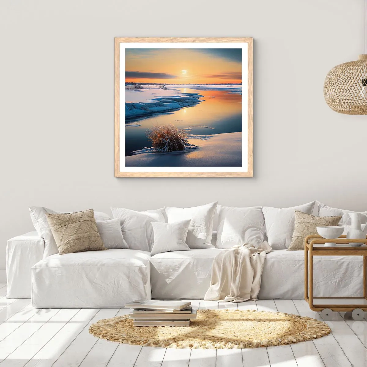 Pôster com moldura de carvalho claro - Pôr do sol de inverno - 60x60 cm