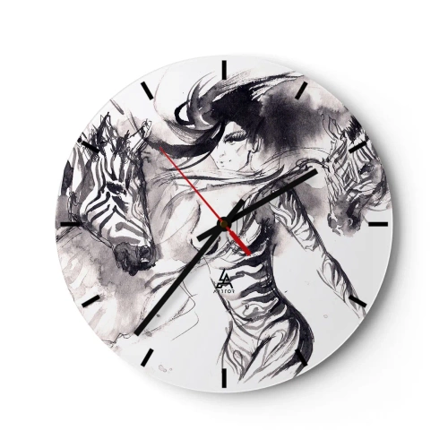 Relógio de parede - Relógio em vidro - Uma mulher em forma artística dançando com duas pessoas reunidas - 30x30cm - Dançando com as zebras - Decoração de parede moderna para a sala de estar, cozinha e quarto ARTTOR