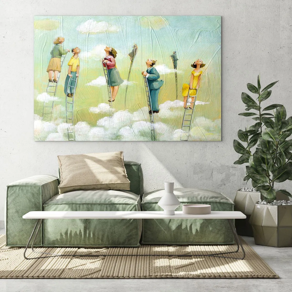 Quadro em vidro - Figuras subindo escadas entre as nuvens - 70x50cm - Por trás do seu sonho - Decoração de parede moderna para a sala de estar e quarto ARTTOR