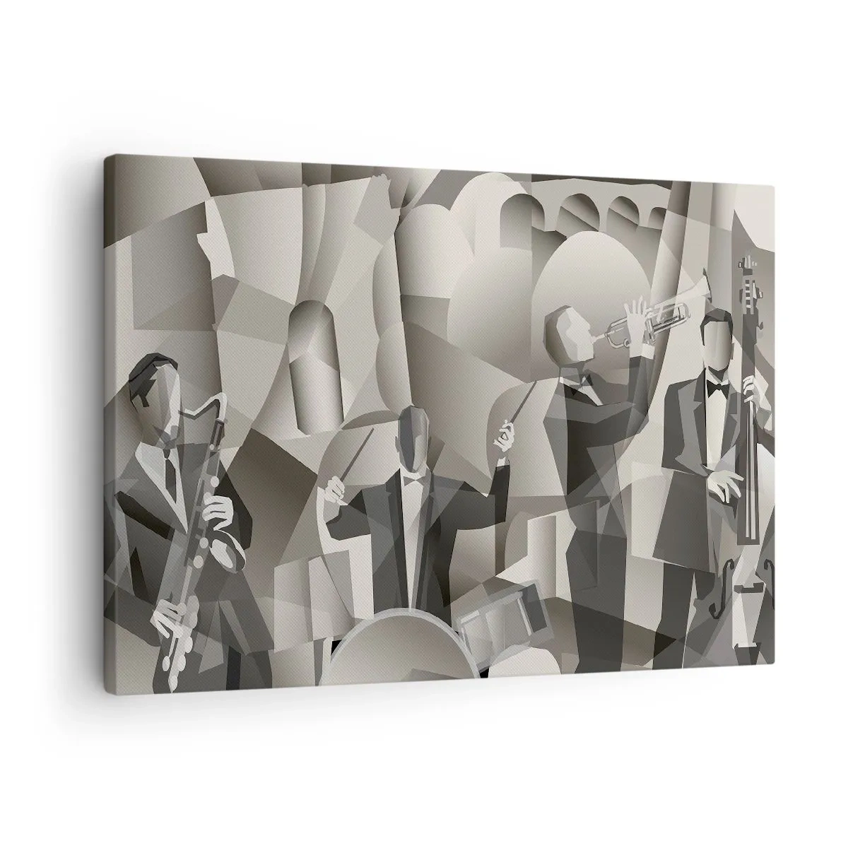 Quadro em tela - Cena abstrata com músicos de jazz em tons de cinza. - 70x50cm - No espaço dos sons - Decoração de parede moderna para a sala de estar e quarto ARTTOR