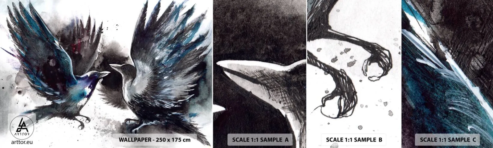 Amostra de Papel de Parede Standard Eco - De corvo a corvo... - Abstração, Pássaro, Animais - 100x30 cm