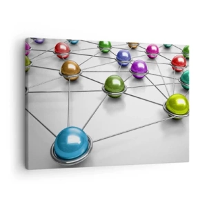 Quadro em tela - Bolas coloridas conectadas por linhas finas em um fundo branco - 70x50cm - Teia cósmica - Decoração de parede moderna para a sala de estar e quarto ARTTOR