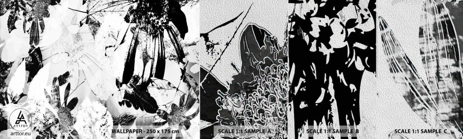 Amostra de papel de parede Premium Sand - Outono a preto e branco - Abstração, Flores, Gráficos - 100x30 cm