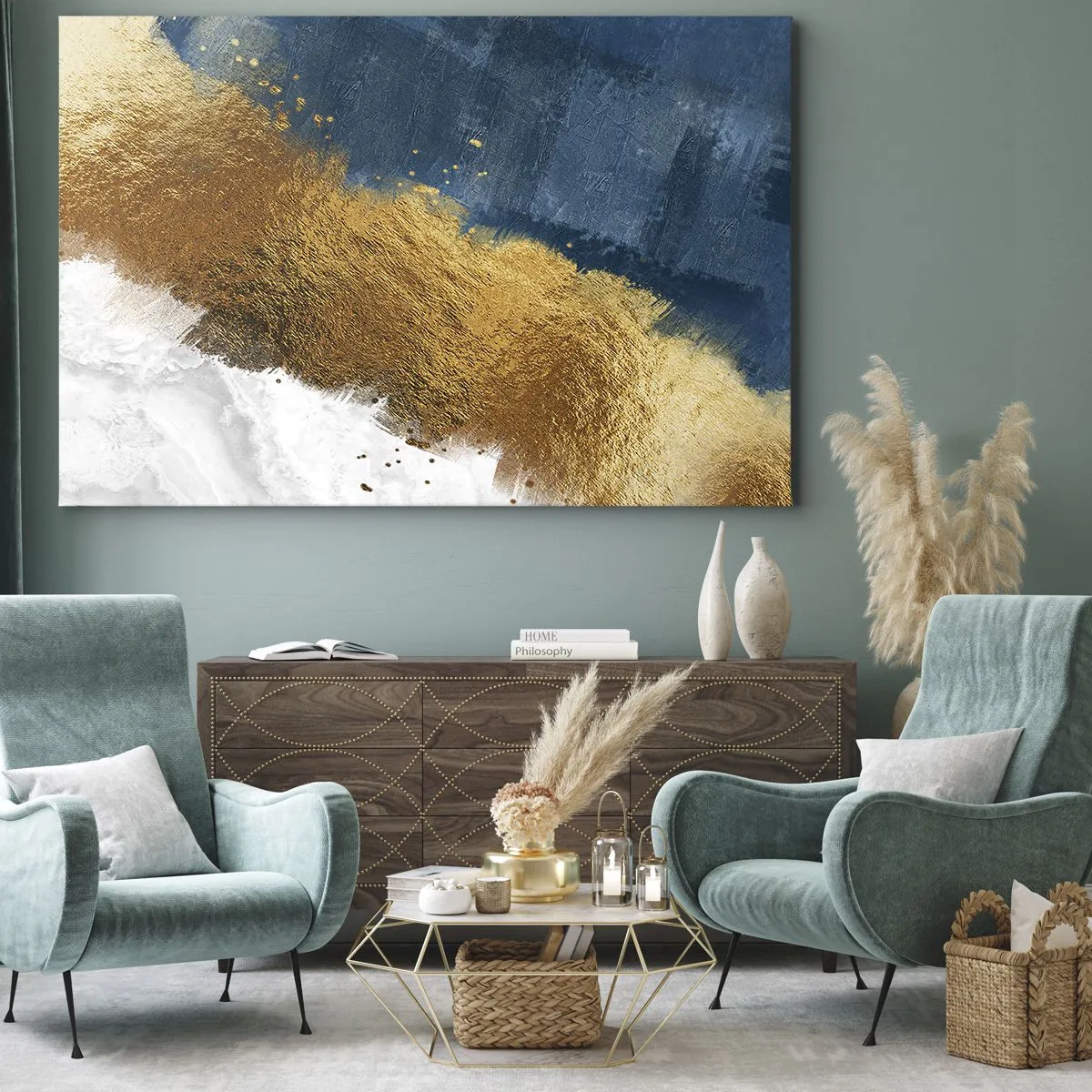 Quadro em tela - Uma composição abstrata em tons de dourado, azul e branco. - 70x50cm - As cores do verão - Decoração de parede moderna para a sala de estar e quarto ARTTOR