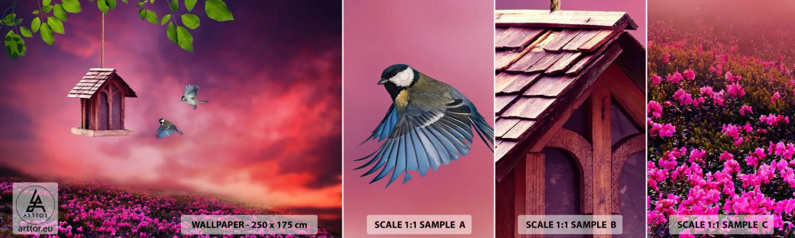 Amostra de papel de parede autocolante Deluxe Sticker - Convite para jantar - Paisagem, Flores, Casa de passarinho - 100x30 cm