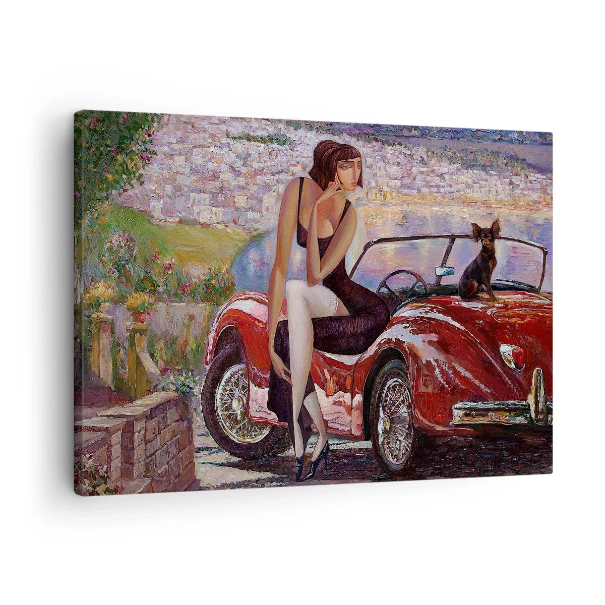 Quadro em tela - Uma mulher perto de um carro vermelho com uma cidade ao fundo - 70x50cm - Verão? Apenas na Riviera - Decoração de parede moderna para a sala de estar e quarto ARTTOR
