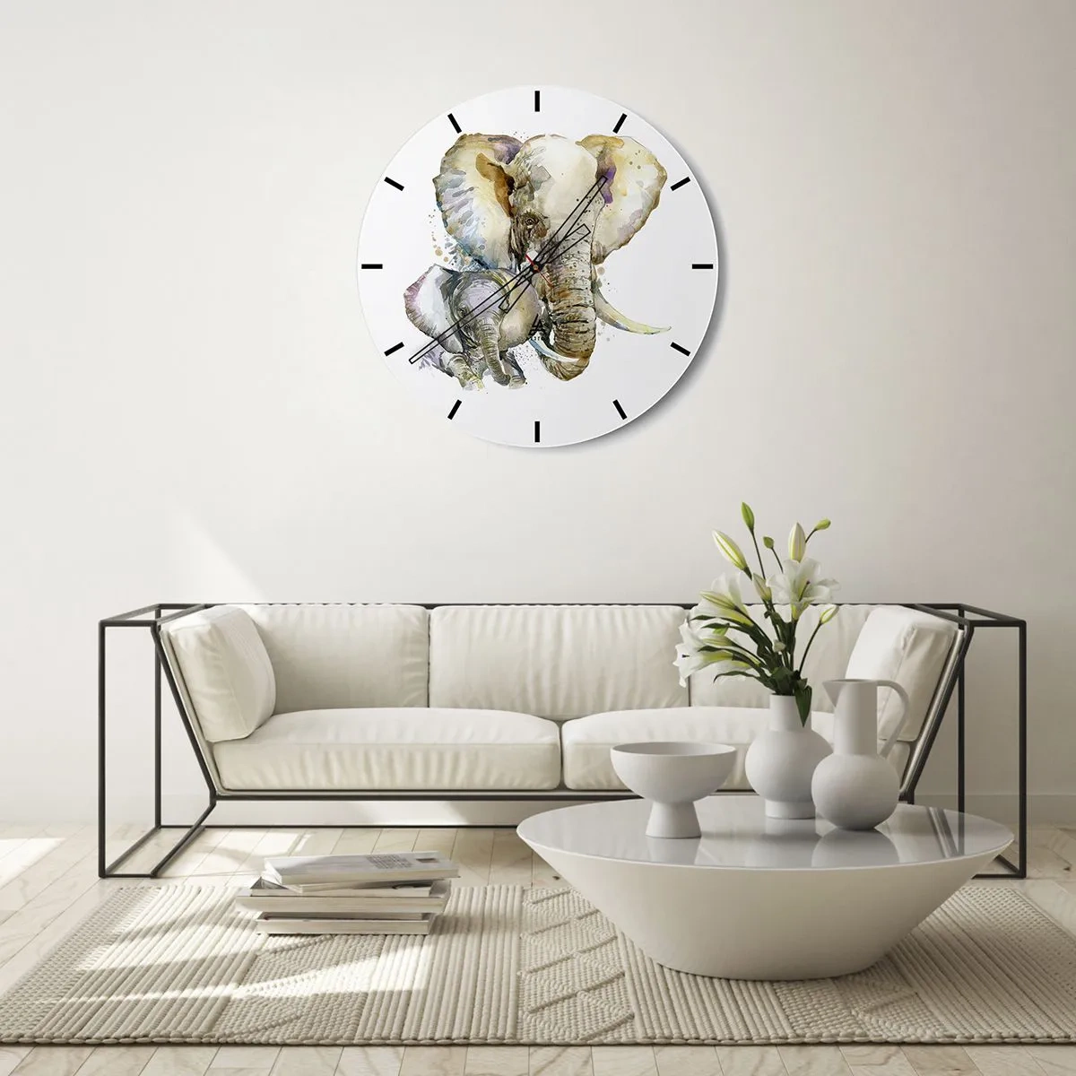 Relógio de parede - Relógio em vidro - Um elefante com um filhote em estilo aquarela - 30x30cm - Nada melhor do que amor de mãe - Decoração de parede moderna para a sala de estar, cozinha e quarto ARTTOR