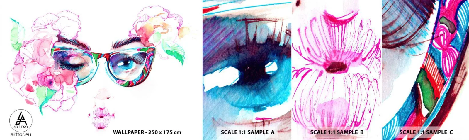 Amostra de Papel de Parede Standard Eco - Uma promessa tentadora - Abstração, Olhos de Mulher, Copos - 100x30 cm