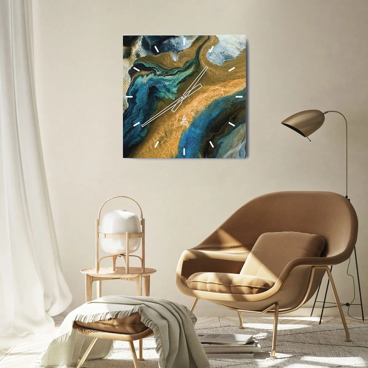 Relógio de parede - Relógio em vidro - Azul – amarelo – influências mútuas - 30x30 cm