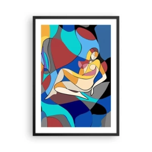 Pôster com moldura preta - Silhueta abstrata de uma mulher em uma composição colorida - 50x70cm - Acto cubista - Decoração de parede moderna para a sala de estar e quarto ARTTOR