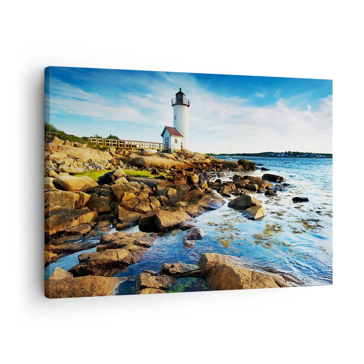 Quadro em tela - Um farol em uma costa rochosa em um dia ensolarado - 70x50cm - Voltem bem, estou à espera - Decoração de parede moderna para a sala de estar e quarto ARTTOR