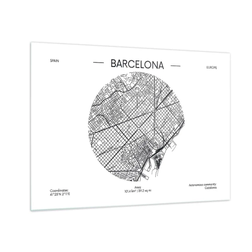 Quadro em vidro - Um mapa minimalista de Barcelona com uma estética em preto e branco - 70x50cm - Anatomia de Barcelona - Decoração de parede moderna para a sala de estar e quarto ARTTOR