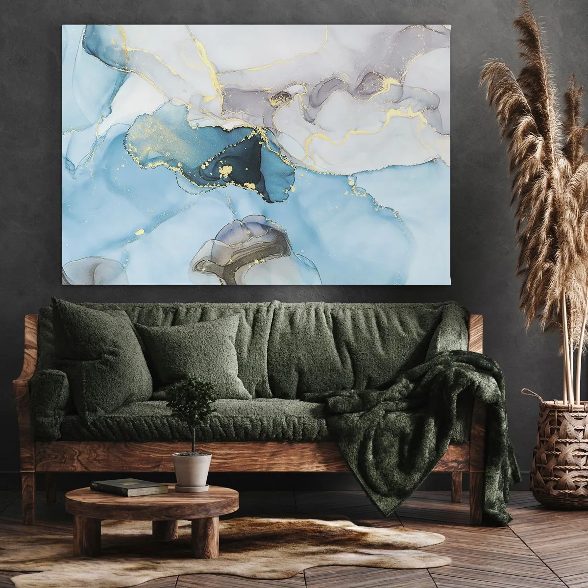 Quadro em tela - Abstração em tons de azul e dourado com linhas sutis - 70x50cm - Estudo do encontro do cinza e turquesa - Decoração de parede moderna para a sala de estar e quarto ARTTOR