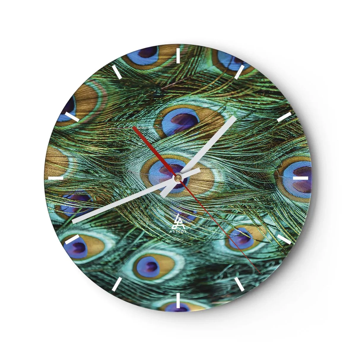 Relógio de parede - Relógio em vidro - Penas de pavão em tons de verde e azul - 30x30cm - Um olhar de pavão - Decoração de parede moderna para a sala de estar, cozinha e quarto ARTTOR