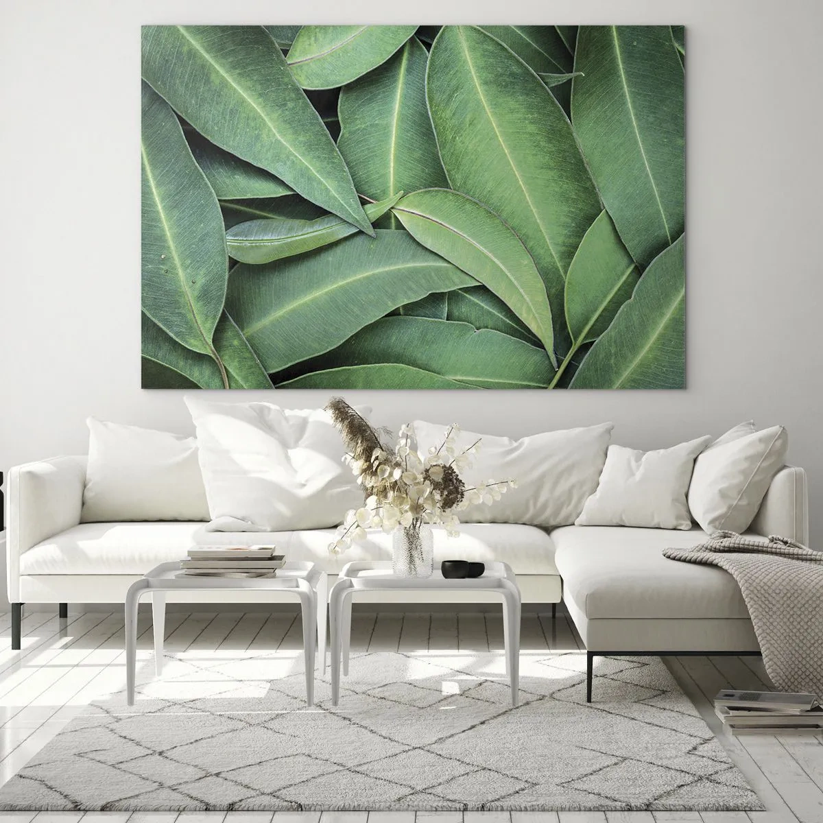 Quadro em vidro - Close-up de folhas verdes dispostas em camadas - 70x50cm - Suculentas e frescas - Decoração de parede moderna para a sala de estar e quarto ARTTOR