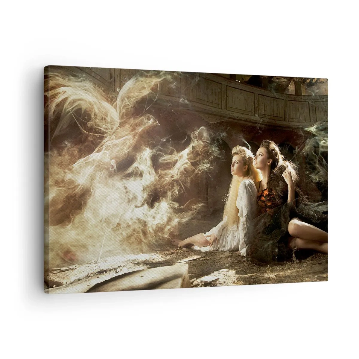 Quadro em tela - Duas mulheres em um cenário mágico com efeitos de iluminação etéreos. - 70x50cm - E a poesia nasceu - Decoração de parede moderna para a sala de estar e quarto ARTTOR