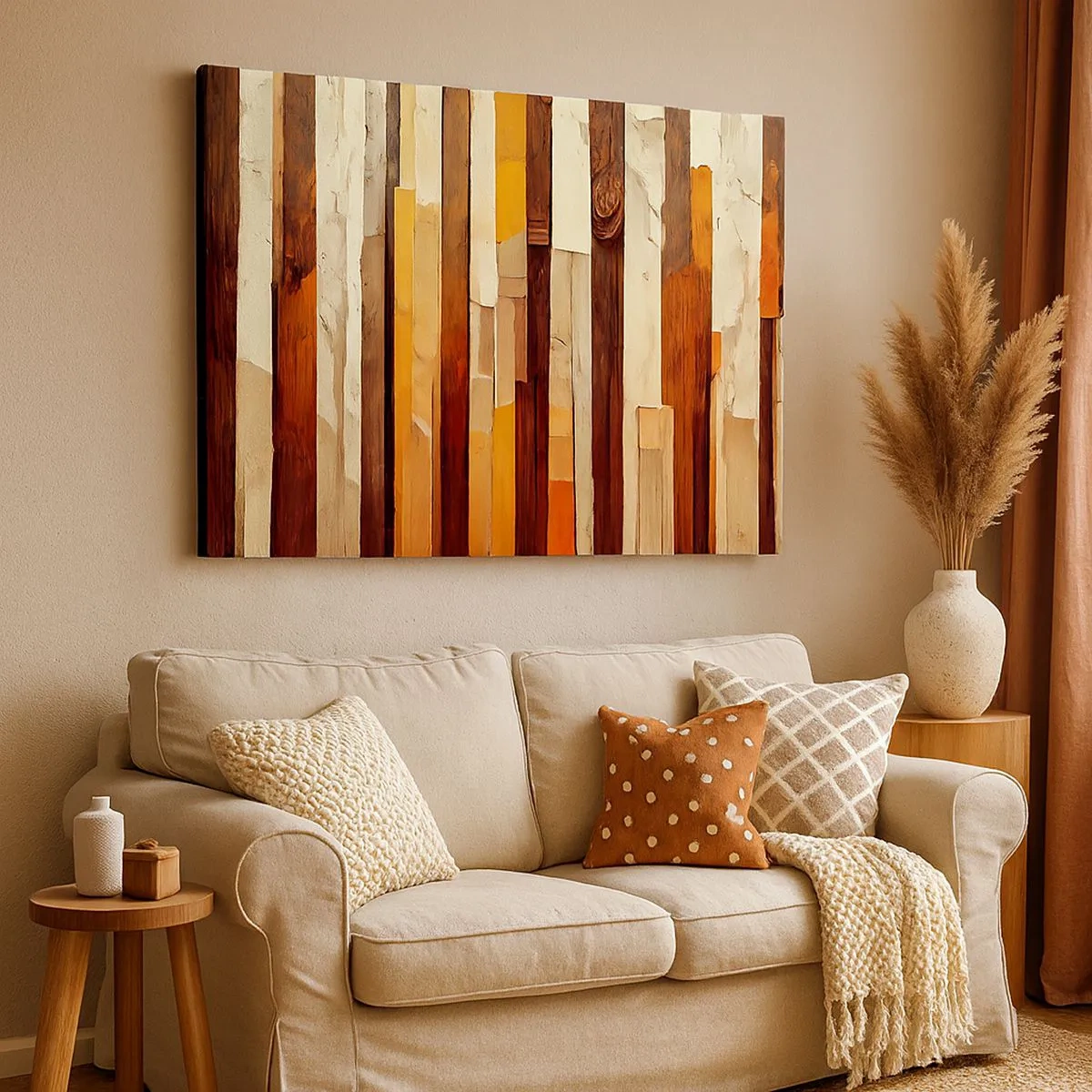 Quadro em tela - Composição geométrica em tons de madeira e dourado - 70x50cm - Hino das árvores da floresta - Decoração de parede moderna para a sala de estar e quarto ARTTOR