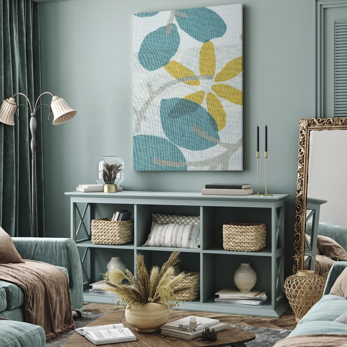 Quadro em tela - Entre as folhas azuis - 65x120 cm