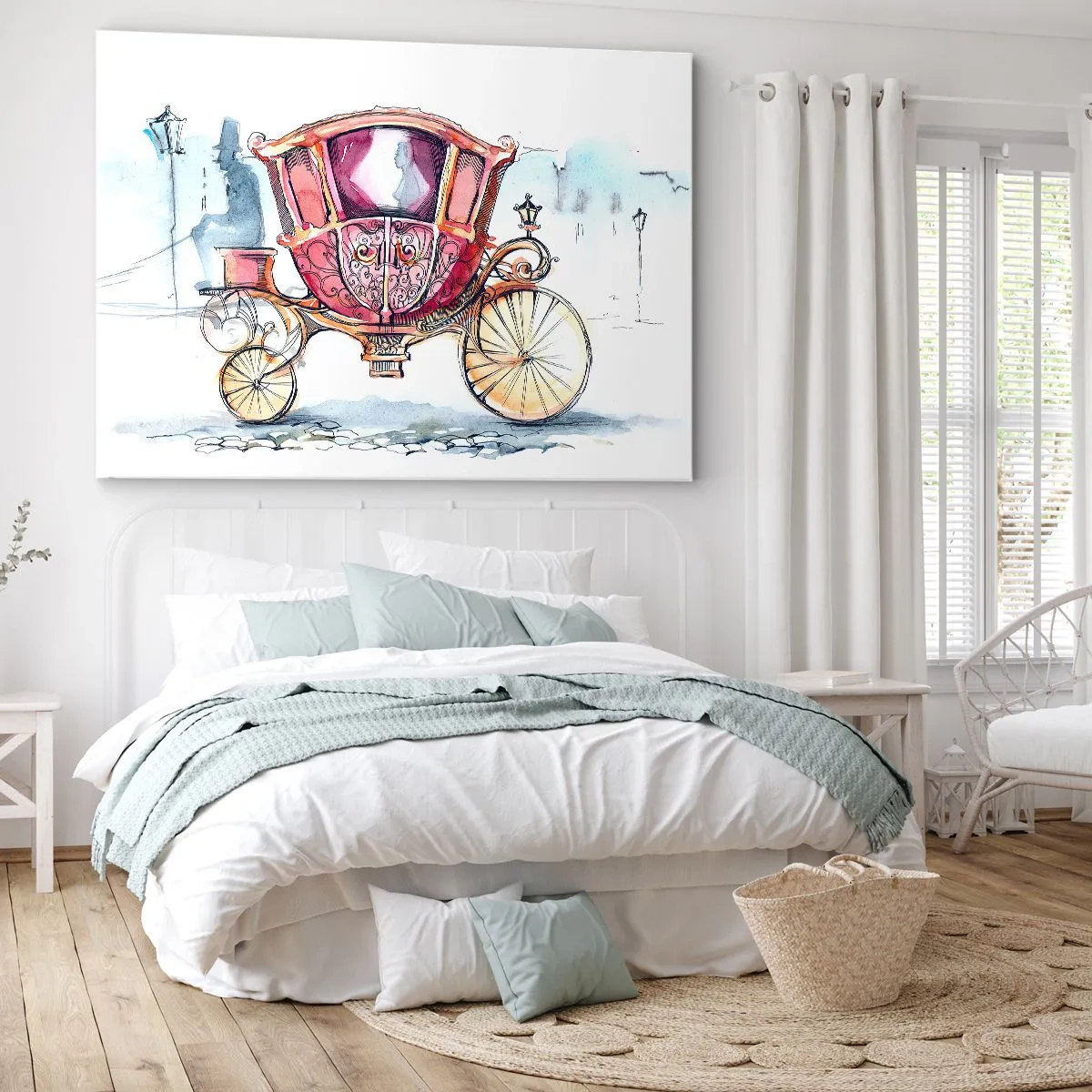 Quadro em tela - Uma ilustração elegante de uma carruagem antiga em cores pastel. - 70x50cm - Para um casamento ou para um baile? - Decoração de parede moderna para a sala de estar e quarto ARTTOR