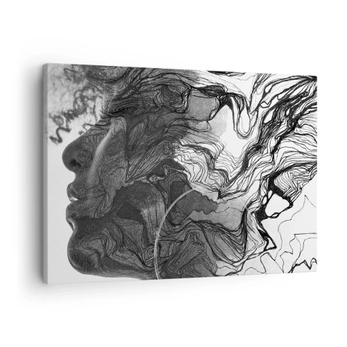 Quadro em tela - Rosto abstrato em preto e branco com linhas dinâmicas. - 70x50cm - Entrelaçados em sonhos - Decoração de parede moderna para a sala de estar e quarto ARTTOR