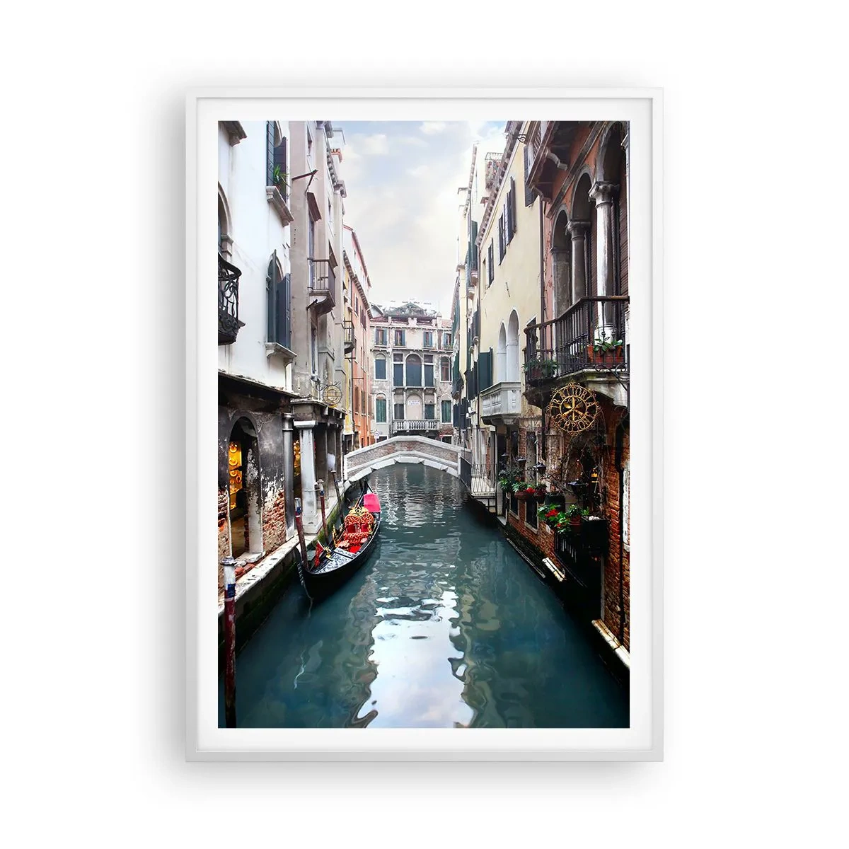 Pôster em moldura branca - Paisagem veneziana com gôndola e ponte - 70x100 cm