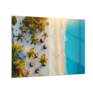 Quadro em vidro - Vista aérea de uma praia tropical com palmeiras e guarda-sóis - 70x50cm - Bem vindo ao Paraíso - Decoração de parede moderna para a sala de estar e quarto ARTTOR