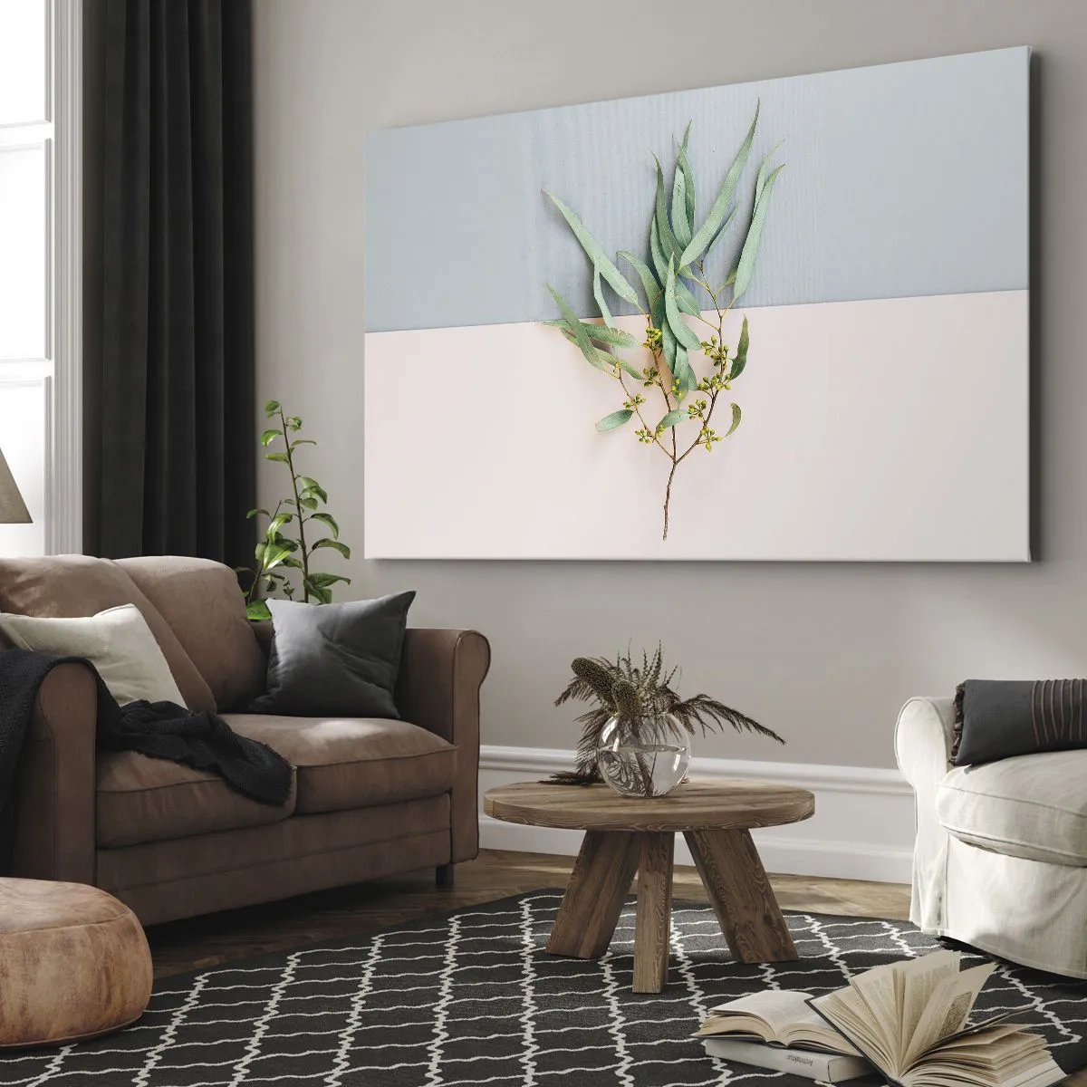 Quadro em tela - Um galho com folhas sobre um fundo de tons pastéis - 70x50cm - Sutileza pastel - Decoração de parede moderna para a sala de estar e quarto ARTTOR