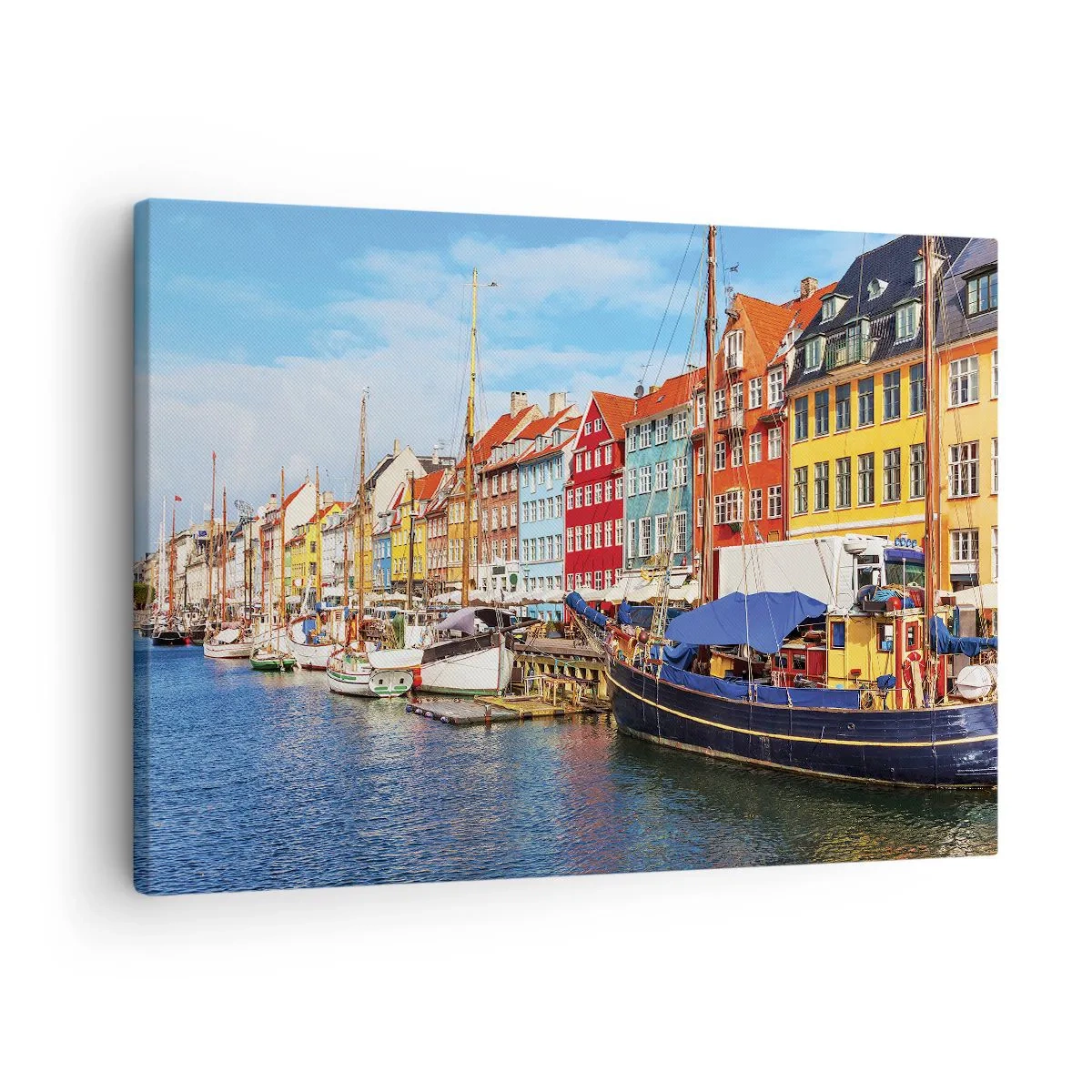 Quadro em tela - Casas coloridas no canal com barcos ao sol - 70x50cm - Orla alegre  - Decoração de parede moderna para a sala de estar e quarto ARTTOR