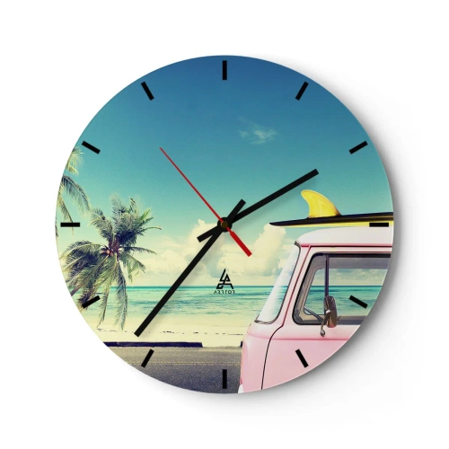 Relógio de parede - Relógio em vidro - Van rosa com prancha de surfe na praia - 30x30cm - Está na hora das férias - Decoração de parede moderna para a sala de estar, cozinha e quarto ARTTOR