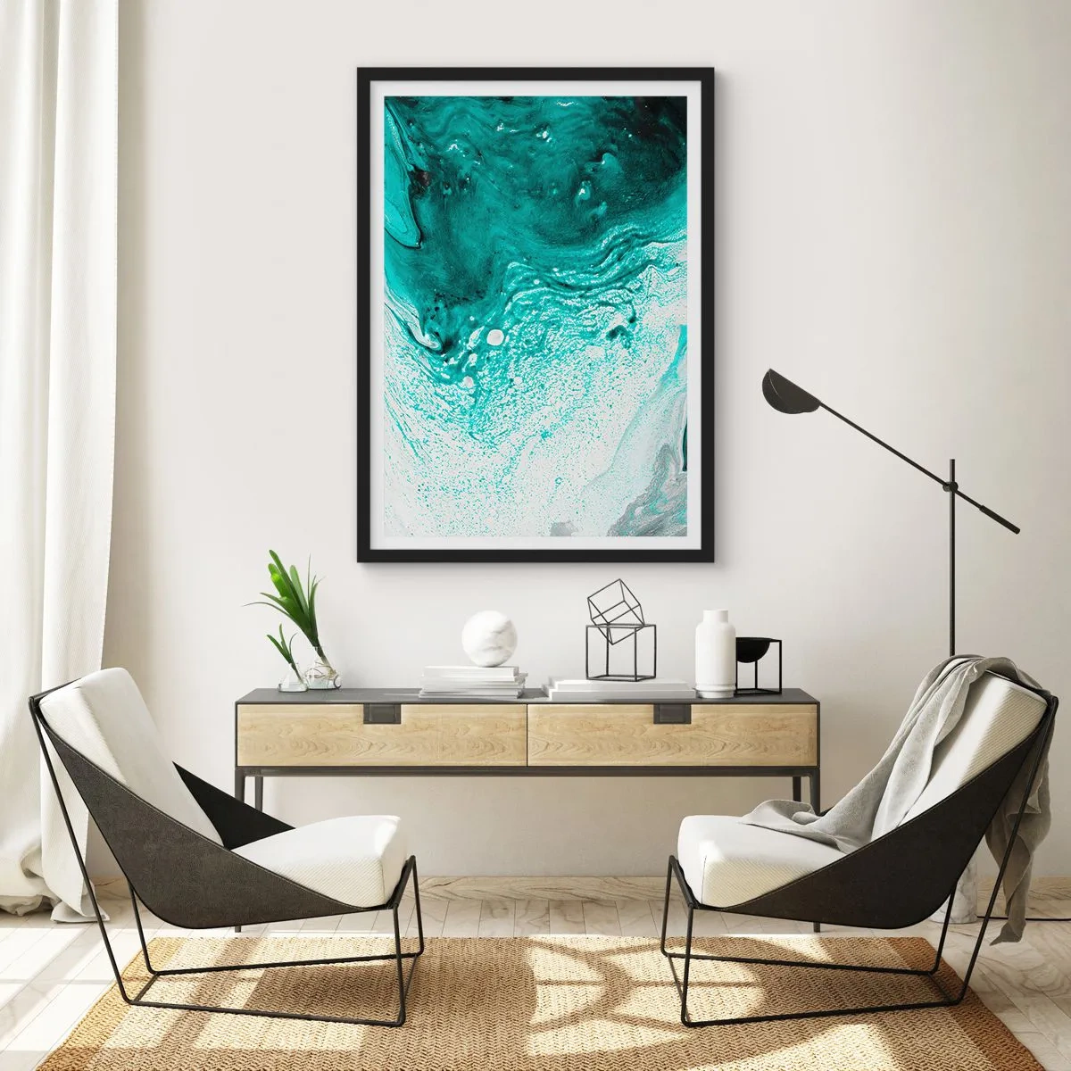 Pôster com moldura preta - Padrão abstrato em turquesa e branco - 50x70cm - Derreter a branco e turquesa - Decoração de parede moderna para a sala de estar e quarto ARTTOR