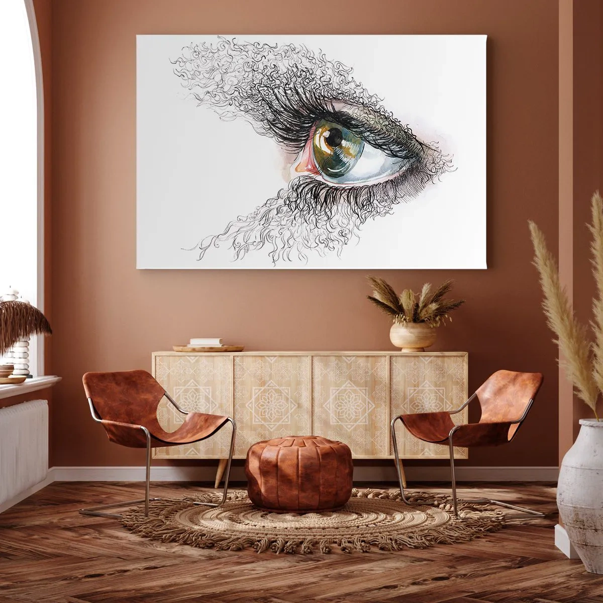 Quadro em tela - Um olho artístico com íris verde-amarelada e detalhes complexos. - 70x50cm - Olhe diretamente para a alma - Decoração de parede moderna para a sala de estar e quarto ARTTOR