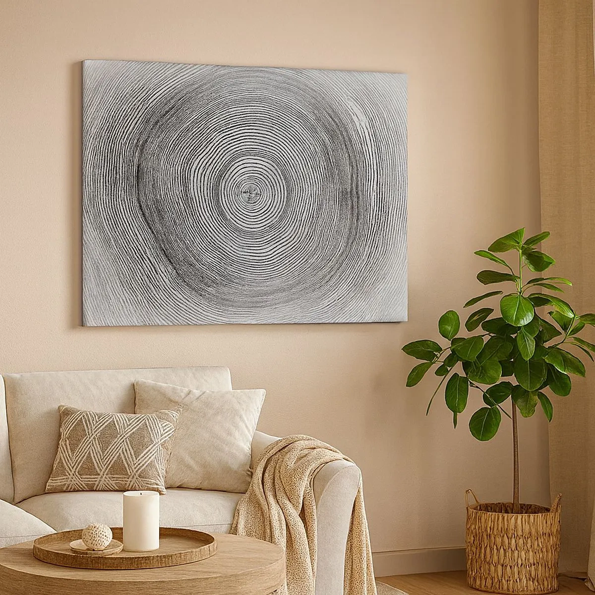Quadro em tela - Padrão de anéis de árvores em preto e branco mostrando uma seção transversal do tronco - 70x50cm - Sinal dos tempos - Decoração de parede moderna para a sala de estar e quarto ARTTOR