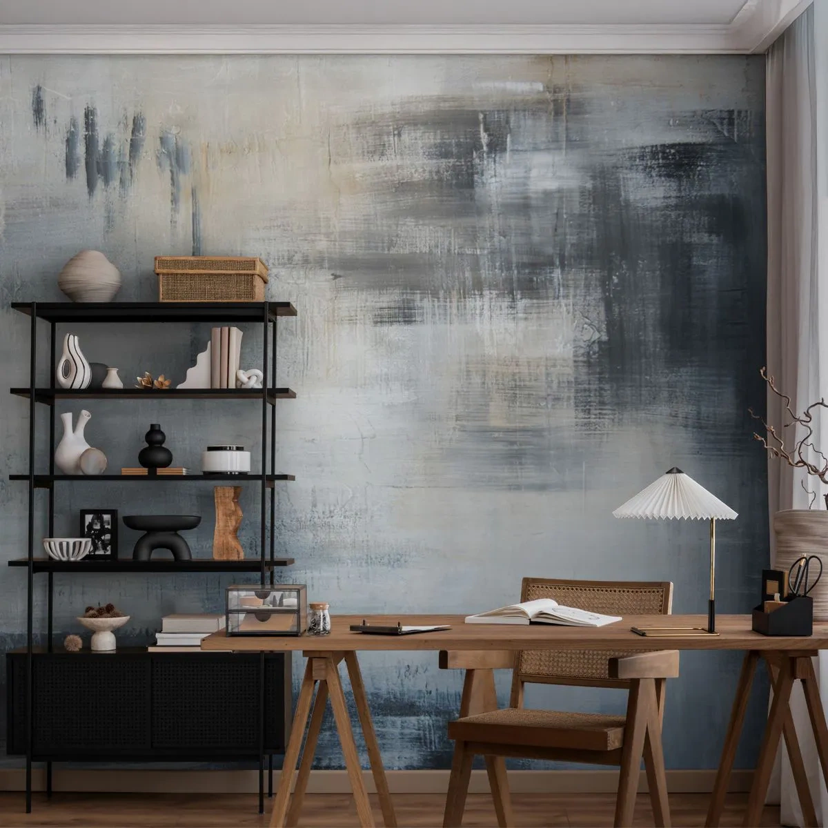 Papel de Parede Autocolante Deluxe Sticker - Atrás da cortina azul - Pedaço, Abstração, Industrial - 350x256 cm