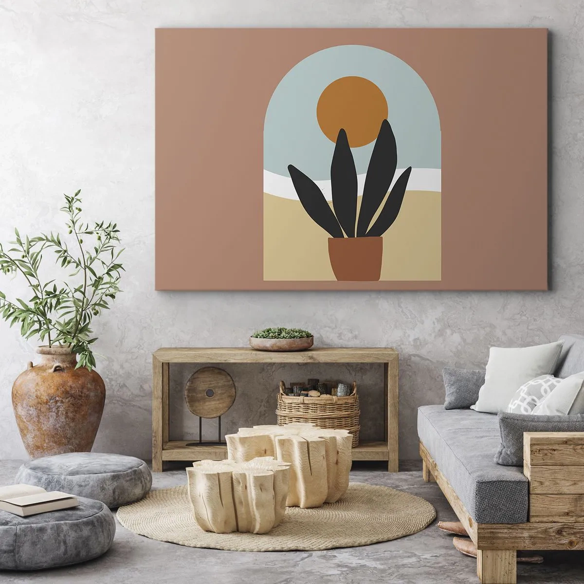 Quadro em tela - Uma planta preta em um vaso contra o sol - 70x50cm - Pequenas alegrias - Decoração de parede moderna para a sala de estar e quarto ARTTOR