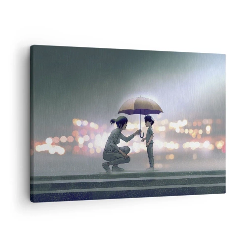 Quadro em tela - Uma figura com um guarda-chuva protegendo uma criança contra o fundo de luzes noturnas. - 70x50cm - Está tudo bem agora - Decoração de parede moderna para a sala de estar e quarto ARTTOR
