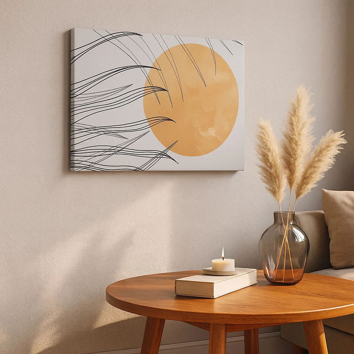 Quadro em tela - Folhas abstratas de grama contra o pano de fundo de um grande sol laranja - 70x50cm - Sempre em direção ao sol - Decoração de parede moderna para a sala de estar e quarto ARTTOR