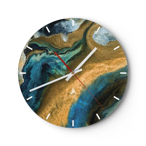 Relógio de parede - Relógio em vidro - Padrão abstrato em tons de azul e dourado - 30x30cm - Azul – amarelo – influências mútuas - Decoração de parede moderna para a sala de estar, cozinha e quarto ARTTOR