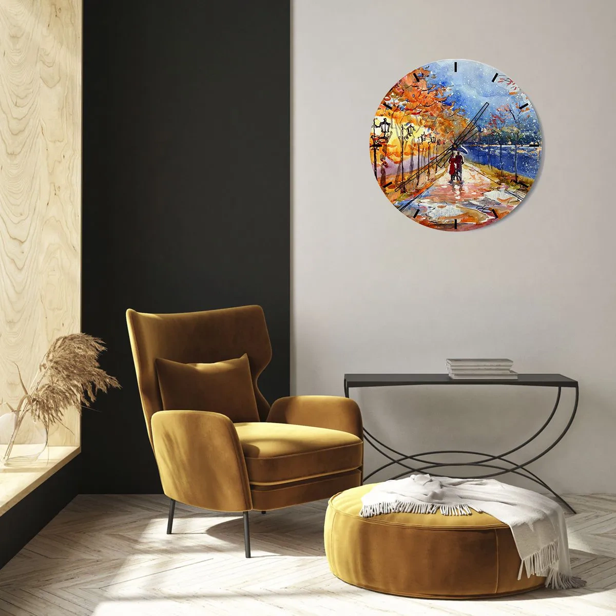 Relógio de parede - Relógio em vidro - Parque de outono com um beco, lanternas e um casal caminhando - 30x30cm - Juntos até ao limite do tempo - Decoração de parede moderna para a sala de estar, cozinha e quarto ARTTOR