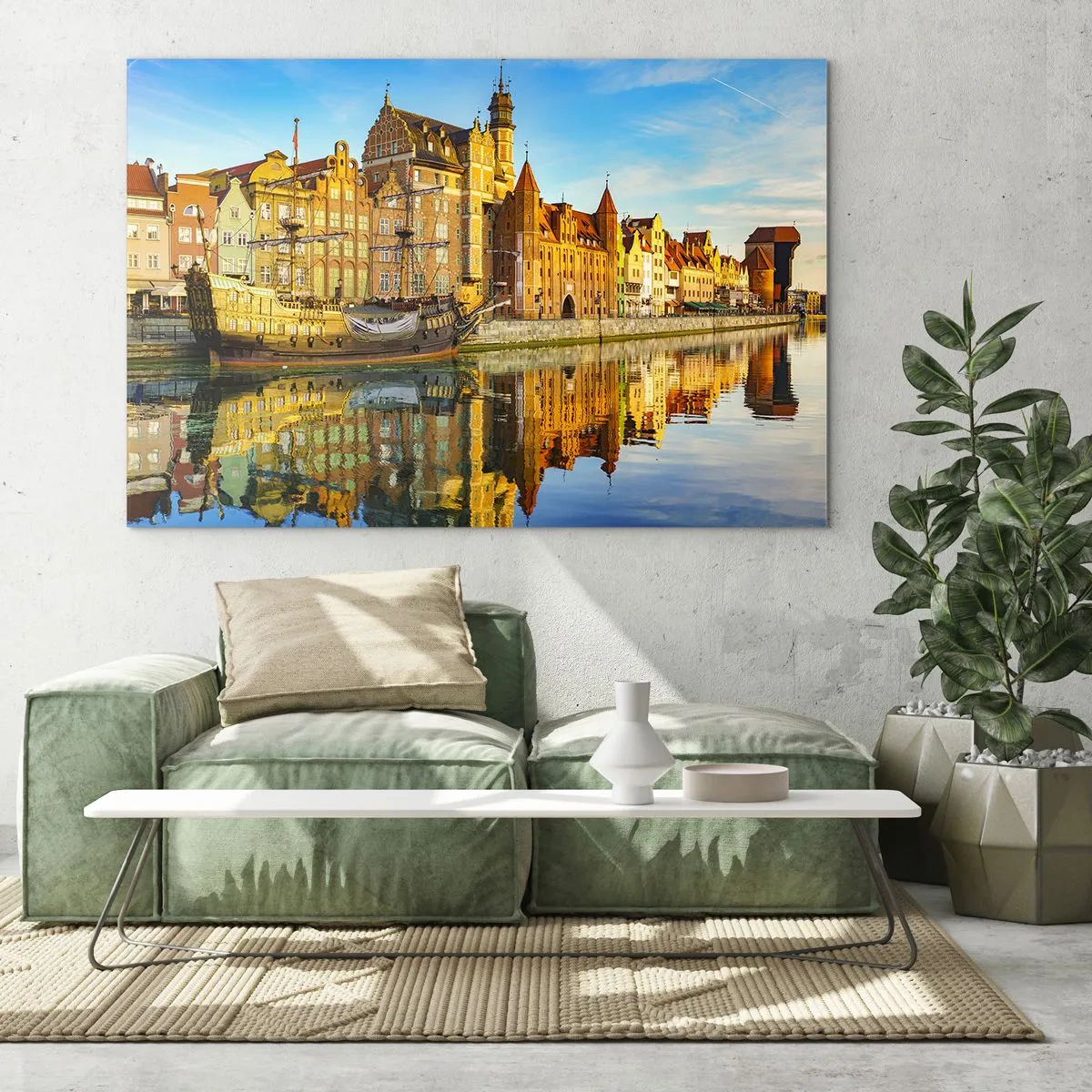 Quadro em vidro - Centro Histórico de Gdansk com um reflexo na água - 70x50cm - Imagem espelhada do passado - Decoração de parede moderna para a sala de estar e quarto ARTTOR