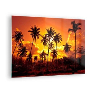 Quadro em vidro - Palmeiras tendo como pano de fundo um pôr do sol ardente - 70x50cm - Montanhas em chamas, florestas em chamas - Decoração de parede moderna para a sala de estar e quarto ARTTOR