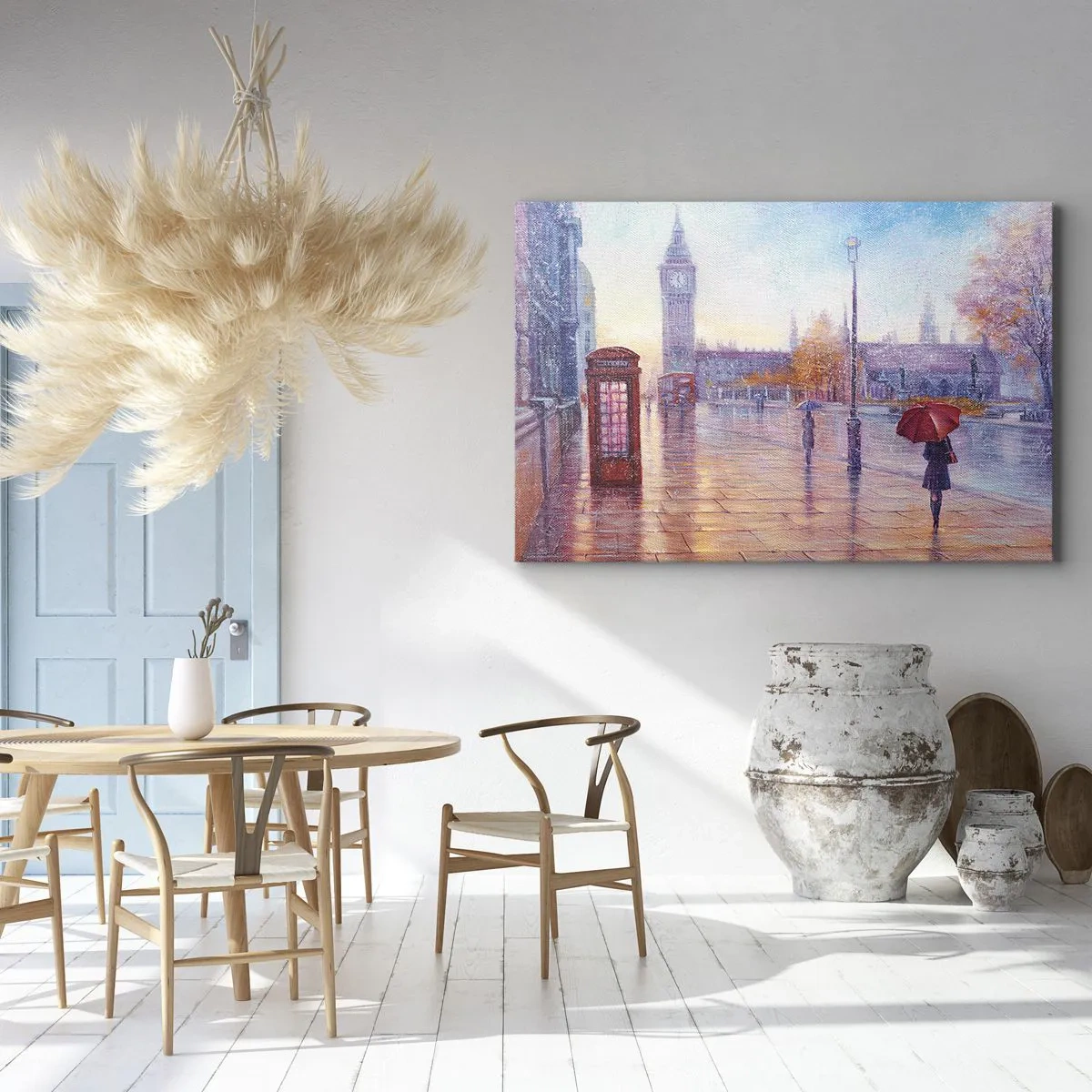 Quadro em tela - Rua de Londres com o Big Ben em um dia chuvoso - 70x50cm - Um dia de outono em Londres - Decoração de parede moderna para a sala de estar e quarto ARTTOR