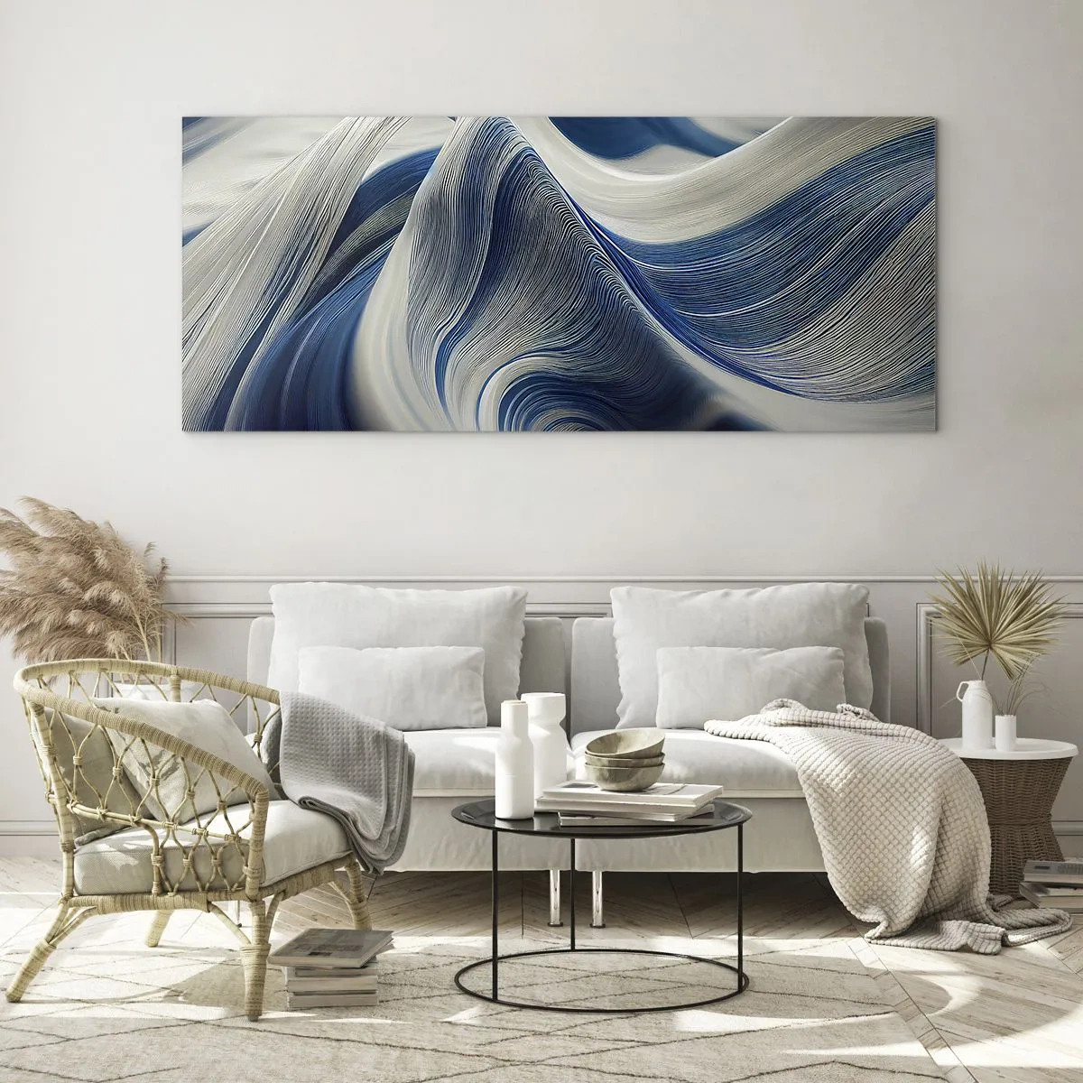 Quadro em vidro - A fluidez do azul e do branco - 100x40 cm