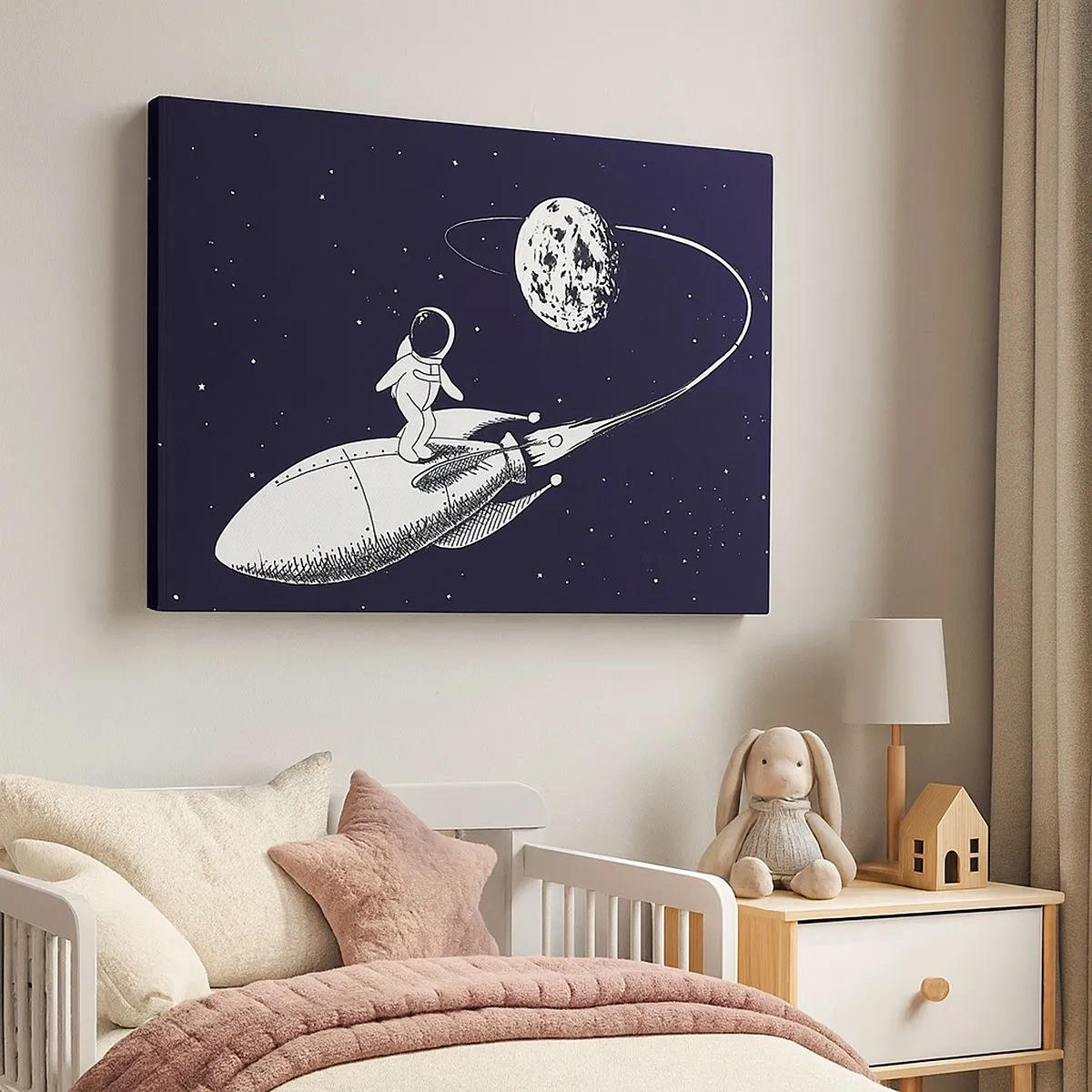 Quadro em tela - Astronauta em um foguete no espaço - 70x50cm - Surfista espacial - Decoração de parede moderna para a sala de estar e quarto ARTTOR