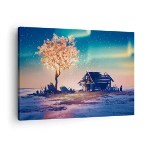 Quadro em tela - Uma casa e uma árvore florida sob o céu noturno - 70x50cm - A natureza não passa - Decoração de parede moderna para a sala de estar e quarto ARTTOR