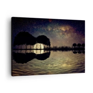 Quadro em tela - Uma noite mágica com árvores e a lua refletida na água - 70x50cm - Uma noite no Fim do Mundo - Decoração de parede moderna para a sala de estar e quarto ARTTOR